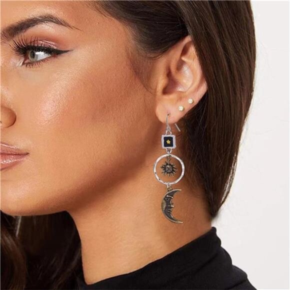 Asymmetrical Sun Moon Star Earrings | Vintage Celestial Dangle Earrings - Picture 3 of 5